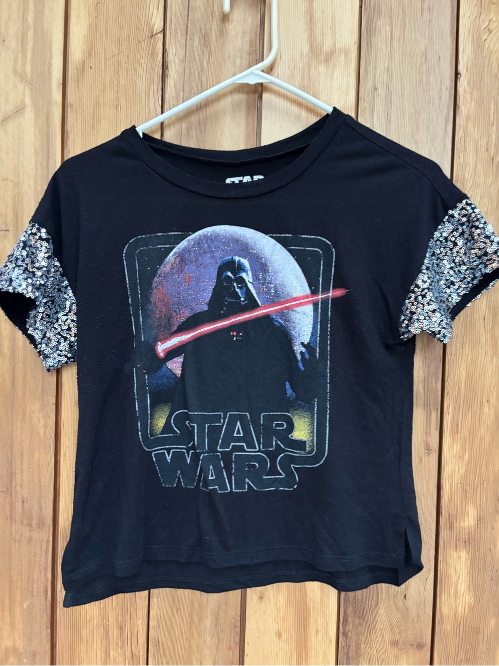 Star Wars Darth Vader Graphic Tee with Silver Sequin Sleeves - Size XS
